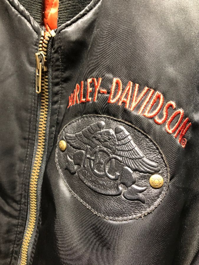 Harley Davidson Nylon Bomber Jacket Embroidered Logos & Front Leather ...