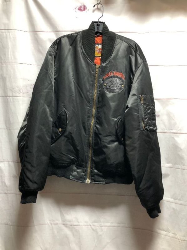 Harley Davidson Nylon Bomber Jacket Embroidered Logos & Front Leather ...