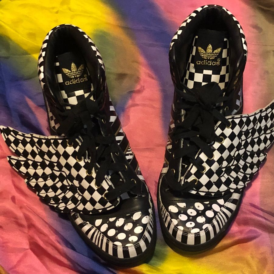 ADIDAS ORIGINALS BY JEREMY SCOTT CHECKERED WINGS HIGH TOP SNEAKERS