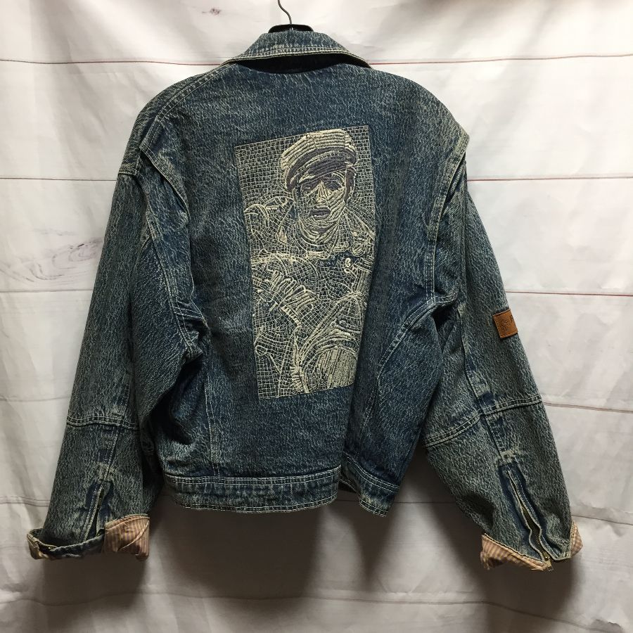Acid Wash Motorcycle Cut Denim Jacket With Embroidered Marlon Brando ...