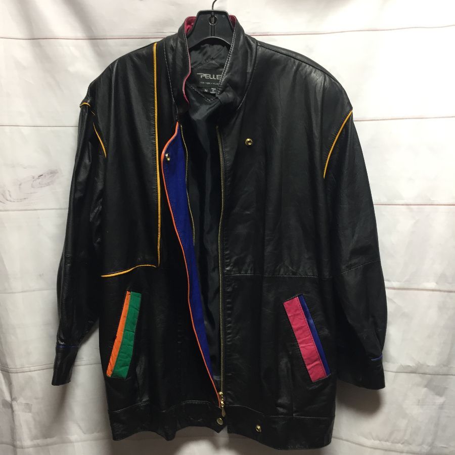 product details: PELLE BRAND MULTI COLORED PANEL ACCENTS PLEATHER JACKET WITH BUILT IN SHOULDER PADS AND SNAP ON FRONT FLAP OVER ZIPPER photo