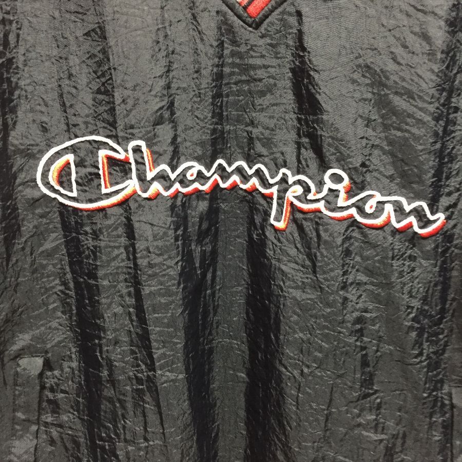1990s Pullover Champion Nylon Jacket Embroidered Logo Striped V-neck &  Cuffs Adjustable Bottom