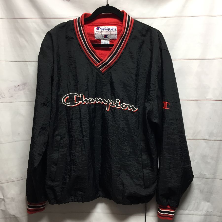 1990s Pullover Champion Nylon Jacket Embroidered Logo Striped V-neck ...