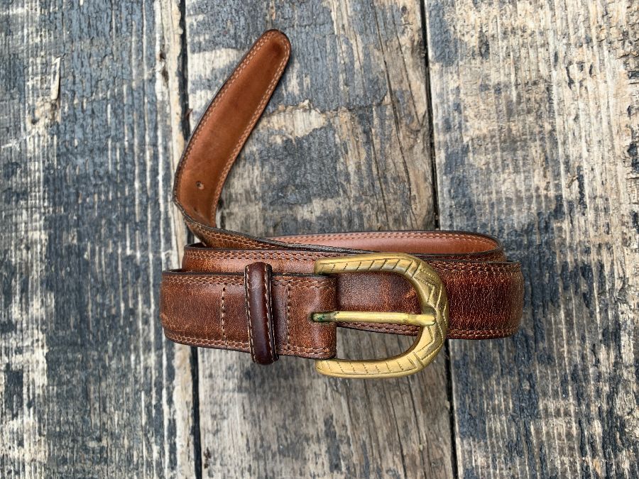 Classic Leather Mens Dress Belt Textured Brass Buckle | Boardwalk Vintage