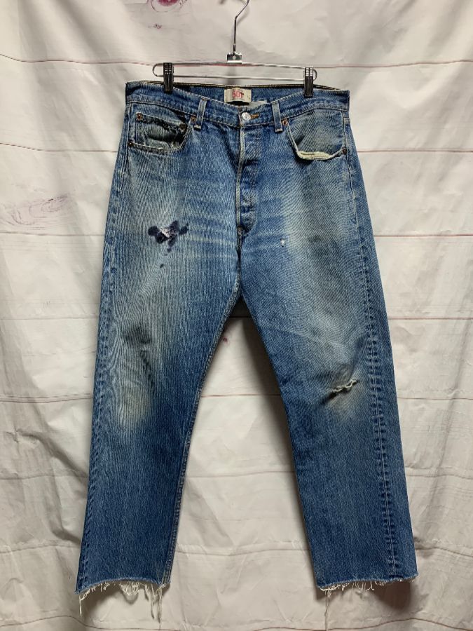 Levis 501 Denim Jeans Dark Stains Straight Leg – As Is | Boardwalk Vintage