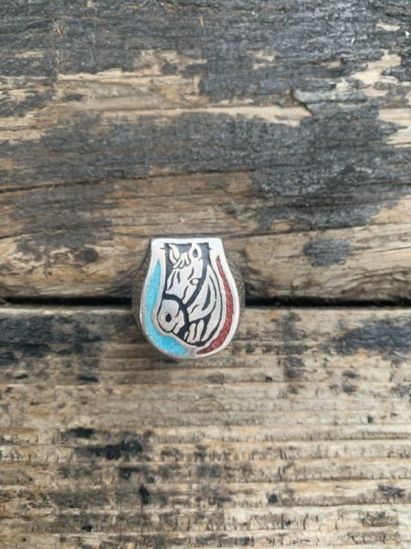 product details: HORSE W LUCKY HORSESHOE CRUSHED CORAL, TURQUOISE & ONYX MOTORCYCLE BIKER RING photo