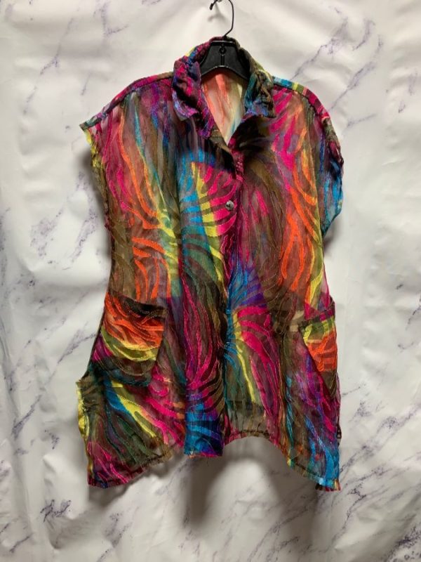 product details: SHEER SLEEVELESS FUNKY RAINBOW DESIGN BUTTON UP BLOUSE photo