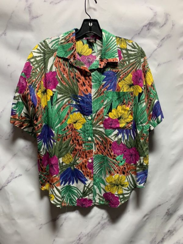 product details: RAD 1980S JUNGLE FLORAL PRINT BOXY BUTTON UP BLOUSE AS-IS photo