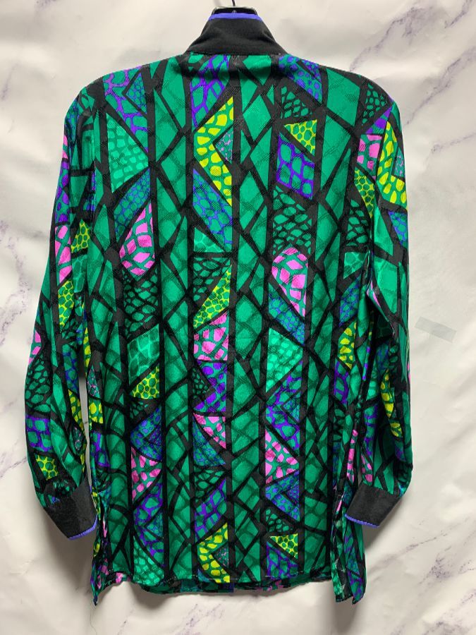 Long Sleeve Stained Glass Print Style Blouse Mandarin Collar & Buttons ...