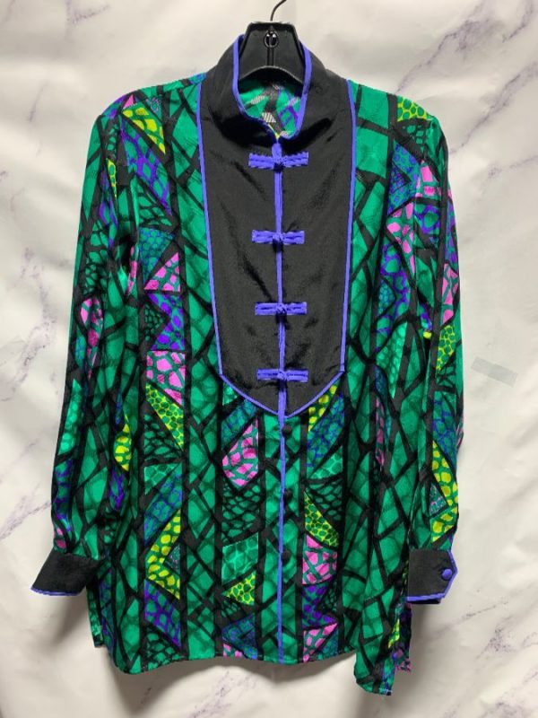 product details: LONG SLEEVE STAINED GLASS PRINT STYLE BLOUSE MANDARIN COLLAR & BUTTONS photo