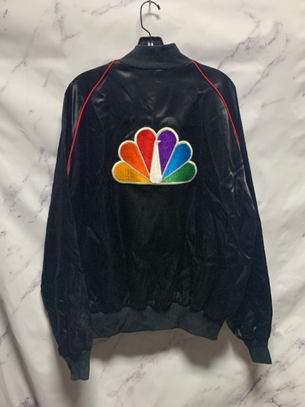 product details: NBC PEACOCK LOGO SATIN BUTTON UP JACKET WITH PIPING TRIM photo