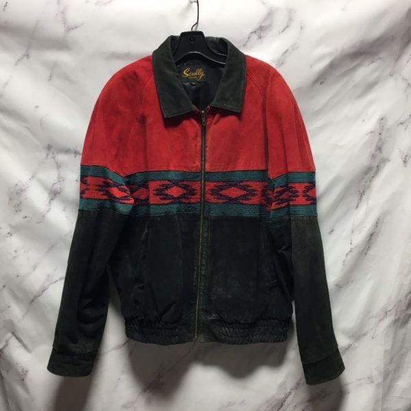 product details: TWO TONED SUEDE LEATHER JACKET WITH TRIBAL DESIGN AS-IS photo