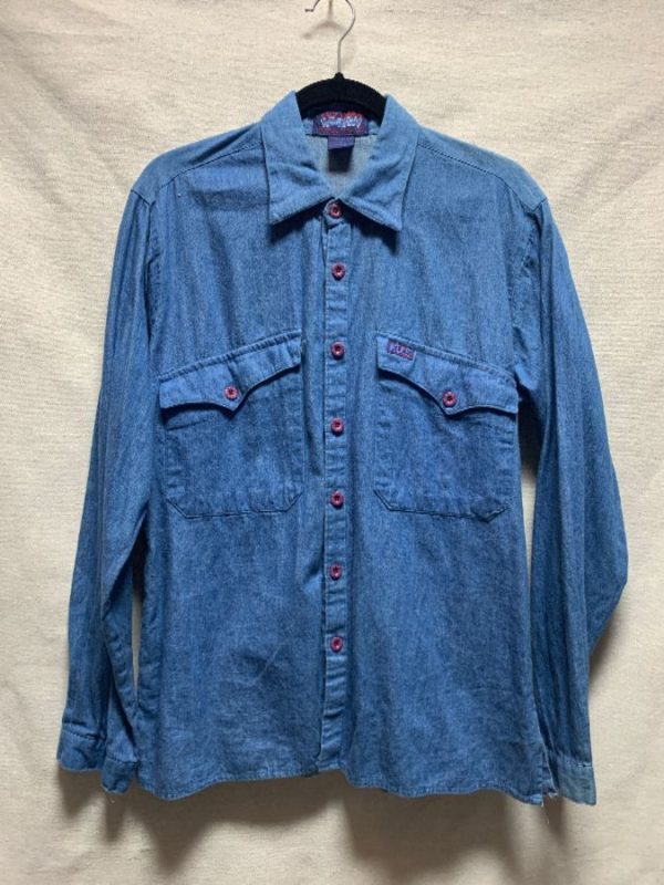 product details: 1990S SOFT COTTON CHAMBRAY SHIRT CONTRAST RED BUTTONS photo