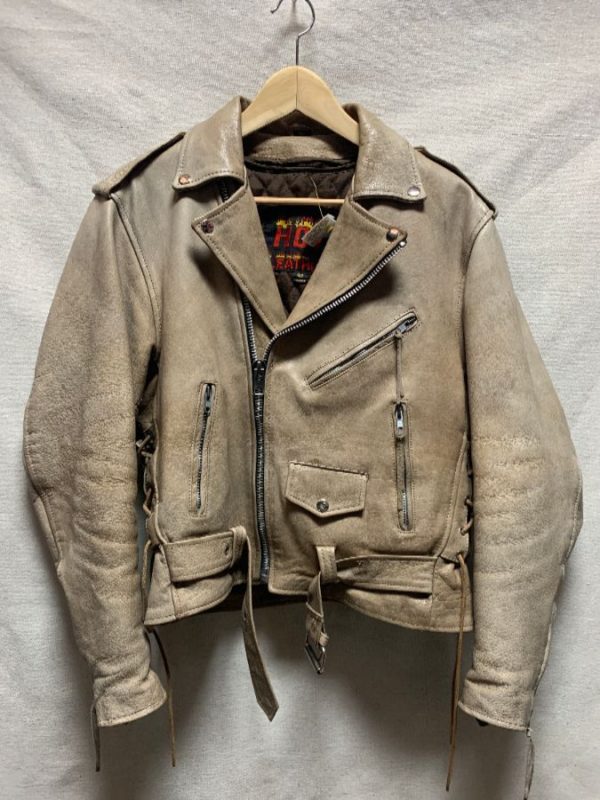 product details: COOL DISTRESSED TAUPE COLORED MOTORCYCLE LEATHER JACKET AS-IS photo
