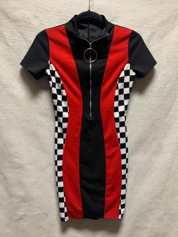 product details: COLORBLOCK AND CHECKERED BODYCON ZIPUP DRESS photo