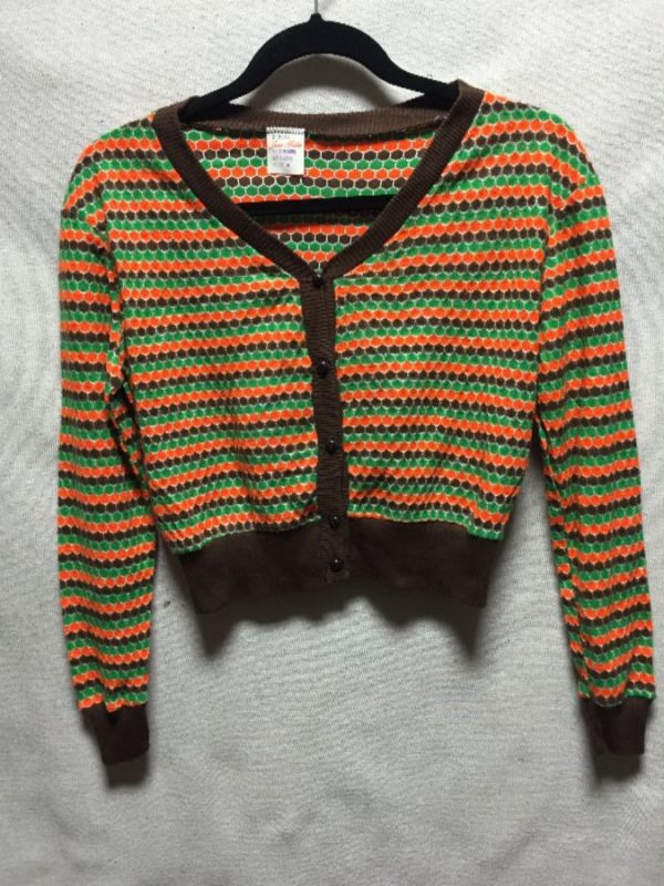 product details: 1960S CROPPED KNIT CARDIGAN SWEATER MULTICOLORED STRIPED DESIGN photo