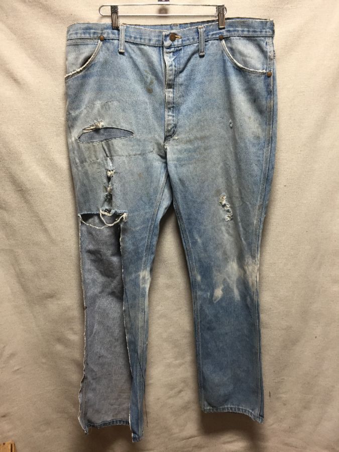 Vintage Grungy Completely Thrashed And Distressed Baggy Wrangler Jeans Ful  Front Panel Missing | Boardwalk Vintage