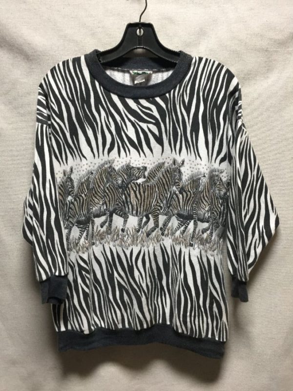 product details: ALL OVER PRINT ZEBRA STAMPEDE PULLOVER CREWNECK SWEATSHIRT  AS- IS photo