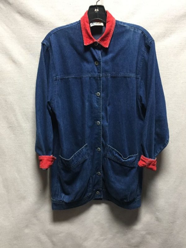 product details: LONGER LIGHTWEIGHT DENIM CHORE JACKET WITH RED CORDUROY COLLAR AND CUFFS photo