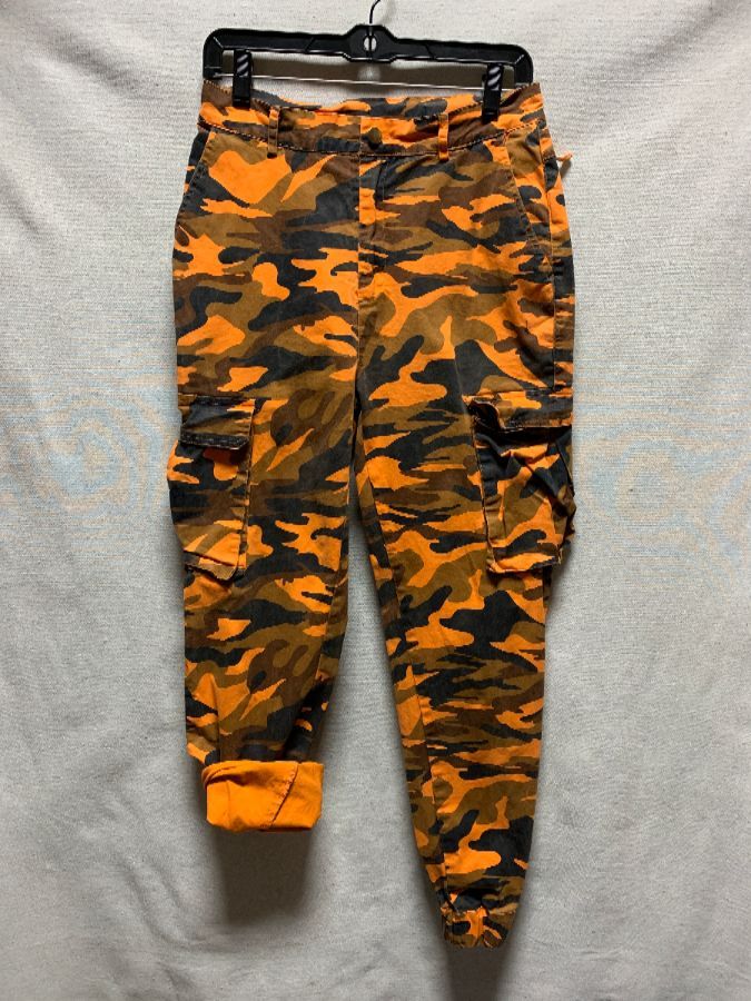 Tapered & Stretch Orange Hunting Camouflage Print Cargo Pants Elastic ...