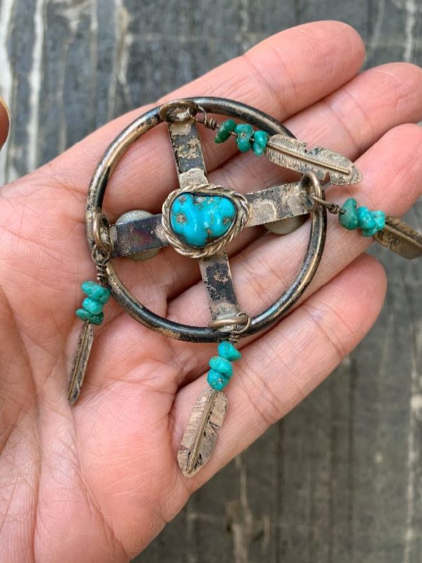 product details: HANDMADE STERLING SILVER & TURQUOISE NUGGET DREAMCATCHER BROOCH PIN photo