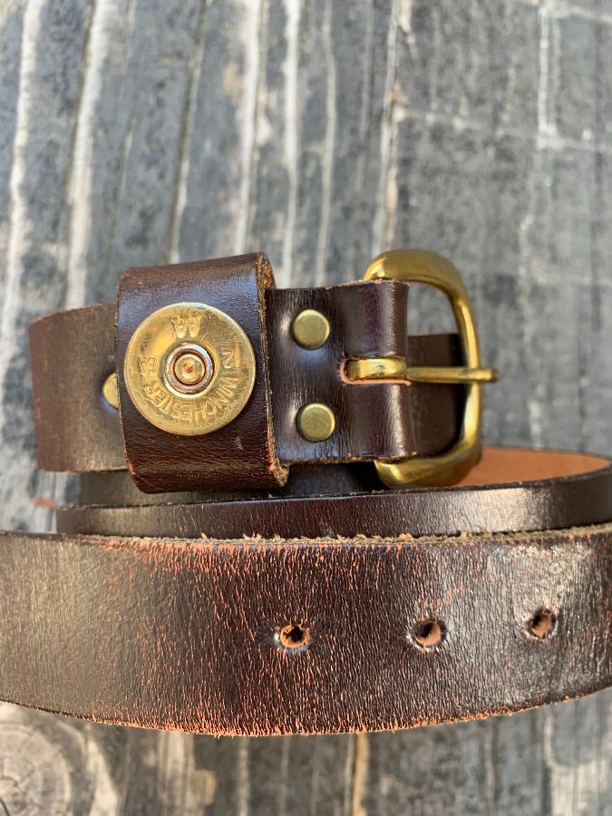 Leather Belt Brass Hardware Winchester Bullet Detail | Boardwalk Vintage