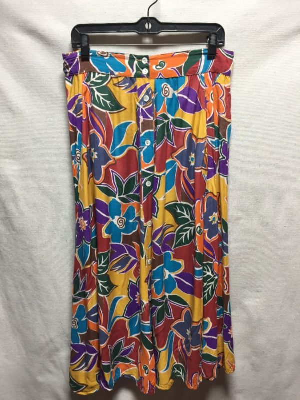 product details: 1980S FULL BUTTON DOWN TROPICAL PRINT RAYON MIDI SKIRT photo