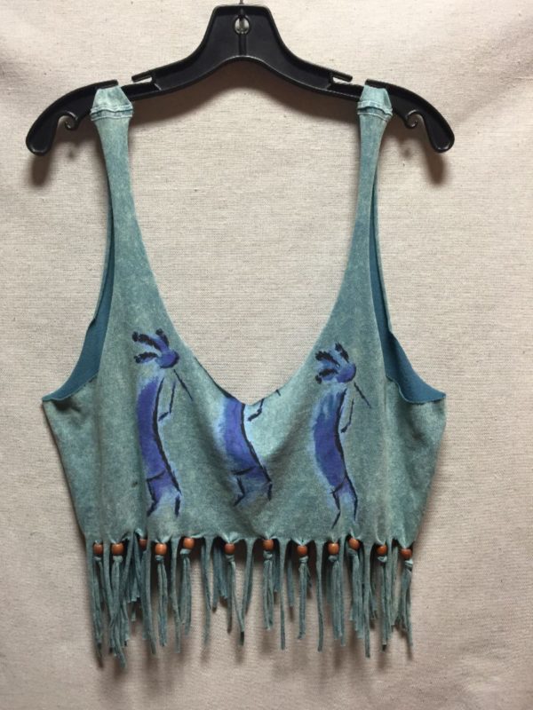 product details: FUNKY KOKOPELLI DESIGN CROPPED TANK TOP WITH BEADED FRINGE #FESTIVAL photo