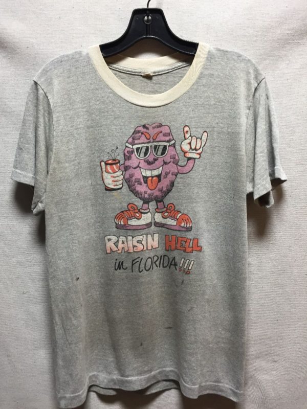product details: SOFT SINGLE STITCH RAISIN HELL IN FLORIDA!!! RINGER T SHIRT AS IS photo