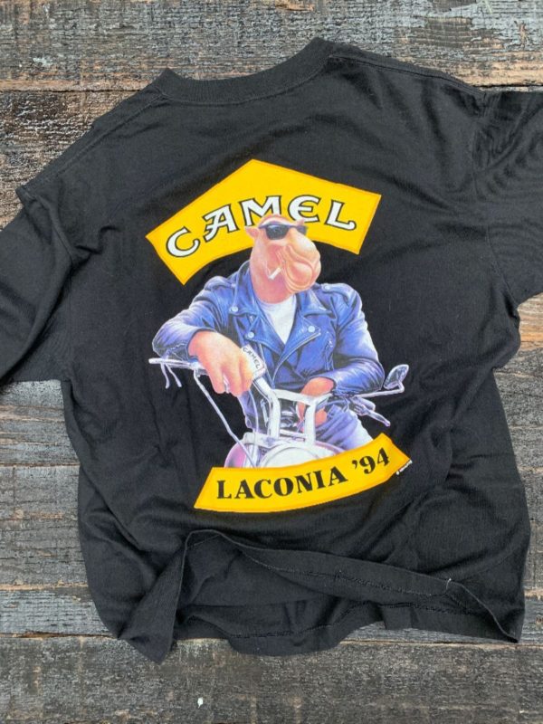 product details: DEADSTOCK CAMEL POCKET TSHIRT LACONIA 94 W/ JOE CAMEL ON MOTORCYCLE GRAPHIC photo