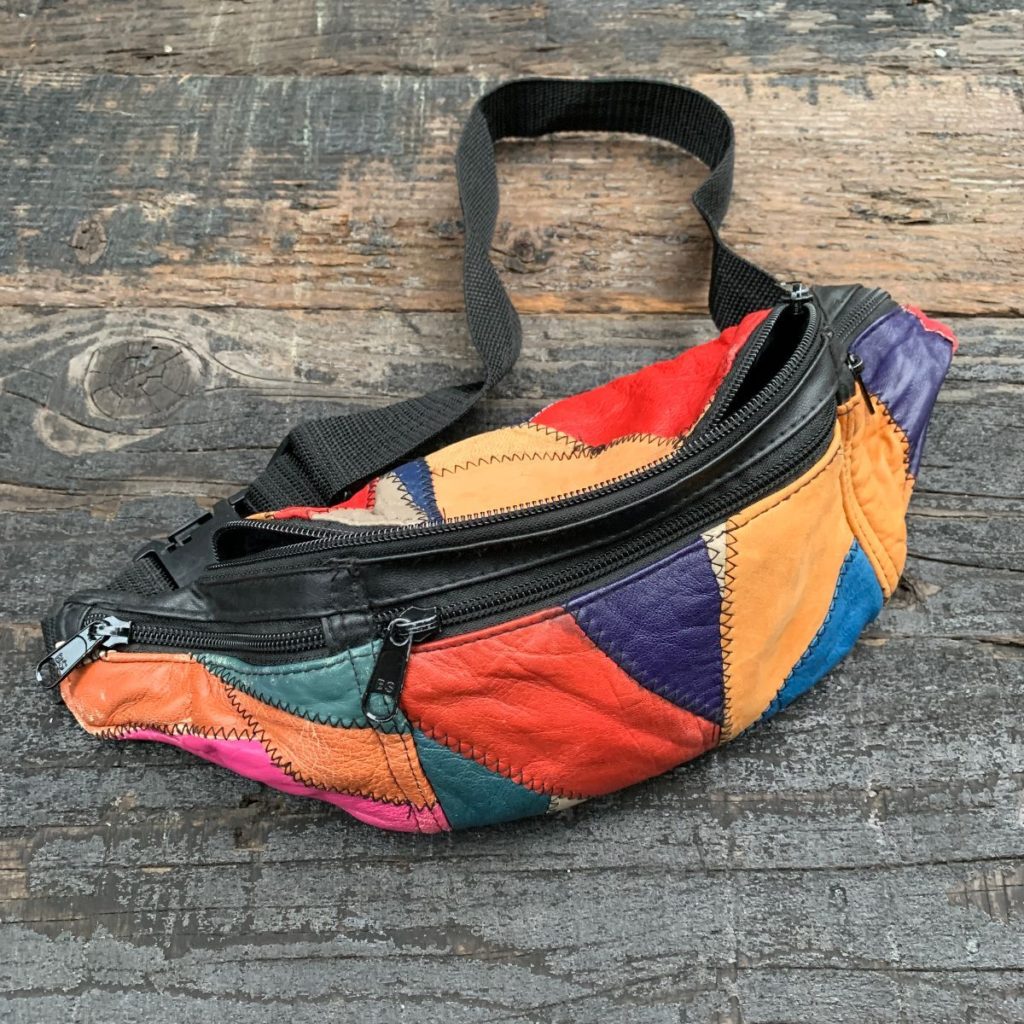 1980s90s Colorblock Patchwork Leather Fanny Pack Multiple Compartments
