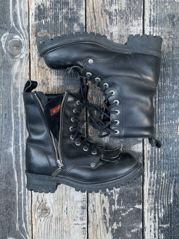 product details: CHUNKY LEATHER HARLEY DAVIDSON COMBAT BOOTS HEAVY ZIPPER SIDE photo