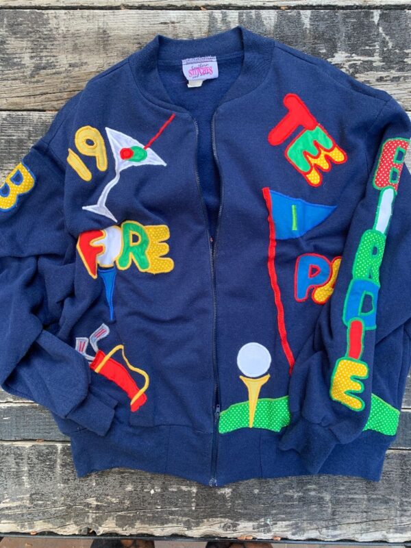 product details: FUNKY GOLF THEMED EMBROIDERED PATCHWORK KNIT JACKET photo