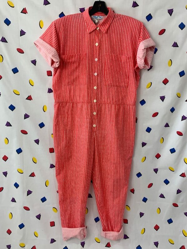 product details: RAD 1980S COTTON BLEND VERTICAL STRIPED JUMPSUIT COLLARED DOUBLE POCKET AS-IS photo