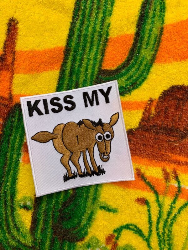 product details: KISS MY ASS DONKEY SQUARE EMBROIDERED IRON-ON OR SEW-ON PATCH photo