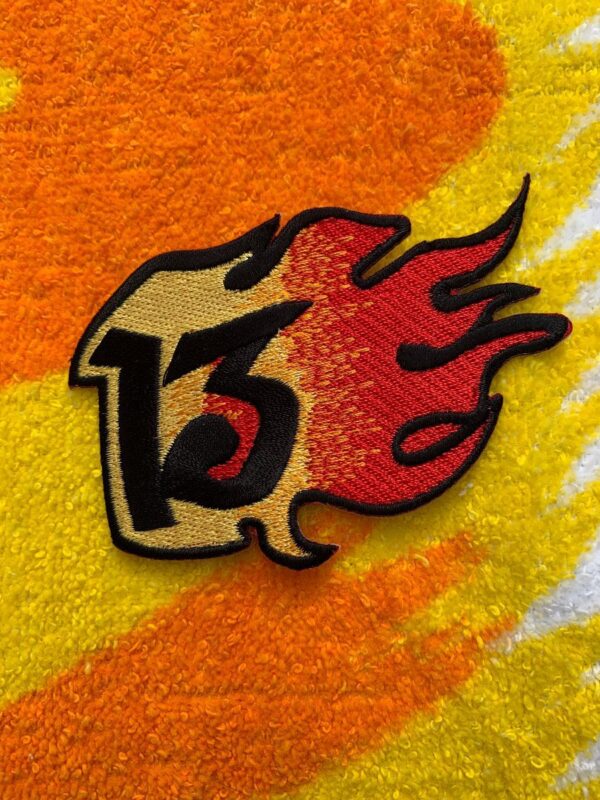 product details: EMBROIDERED LUCKY 13 FLAME IRON-ON OR SEW-ON PATCH photo