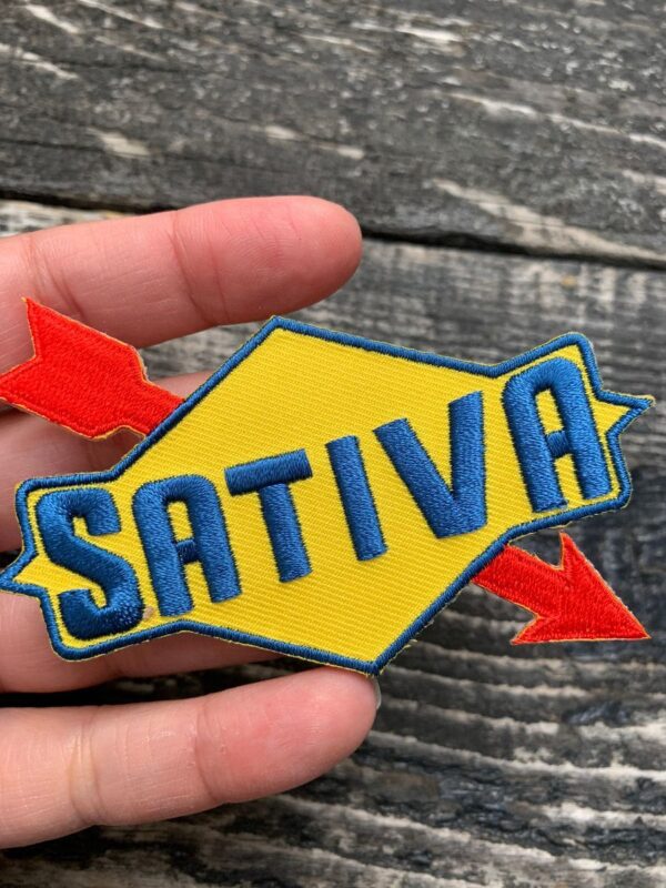 product details: SATIVA WEED PARODY GRAPHIC IRON-ON OR SEW-ON PATCH photo