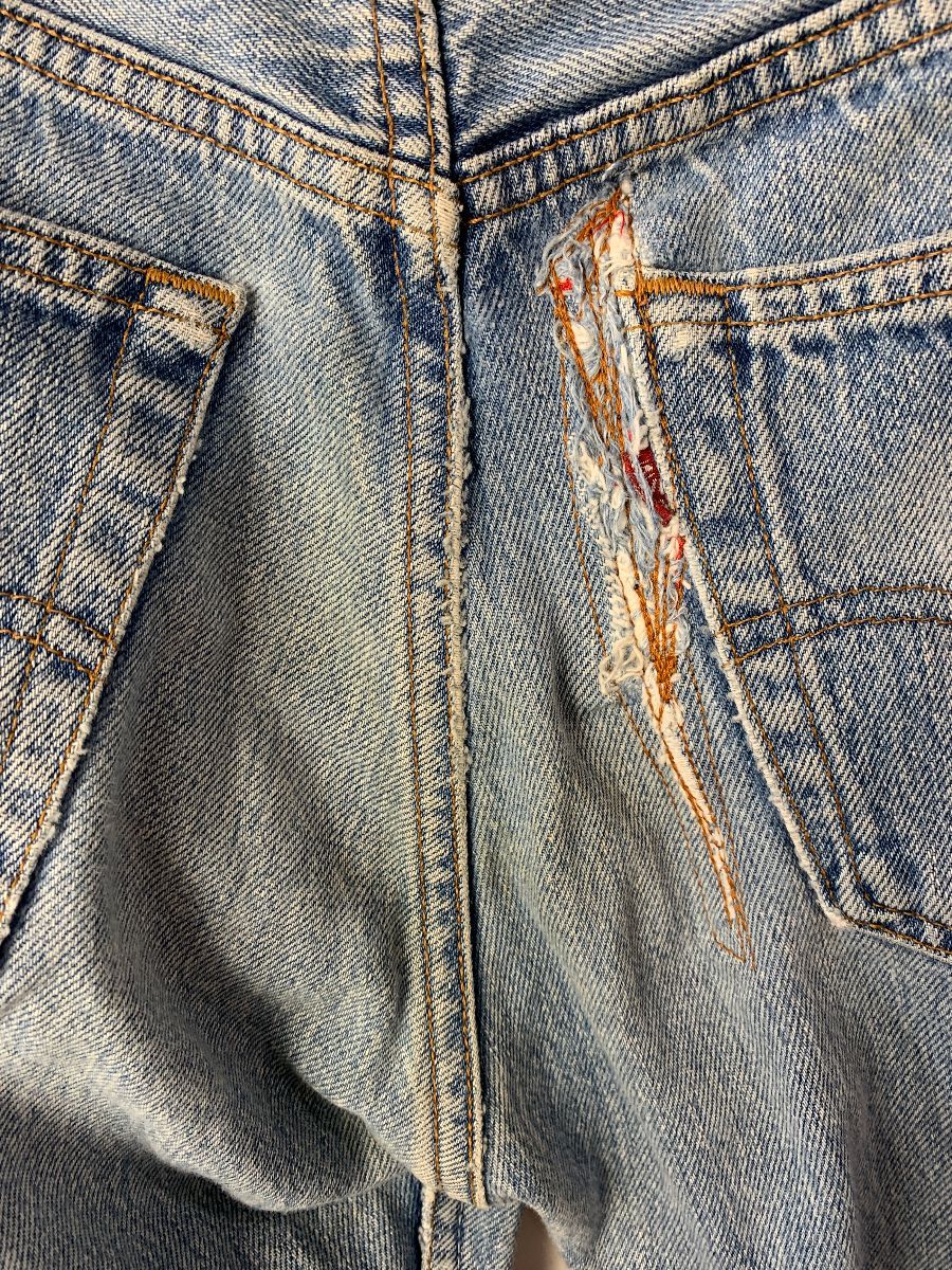Cool Distressed Levis 501 Red Tab Perfect Wash Rip & Repair On Back Pocket  Looks Pretty Cool As-is | Boardwalk Vintage