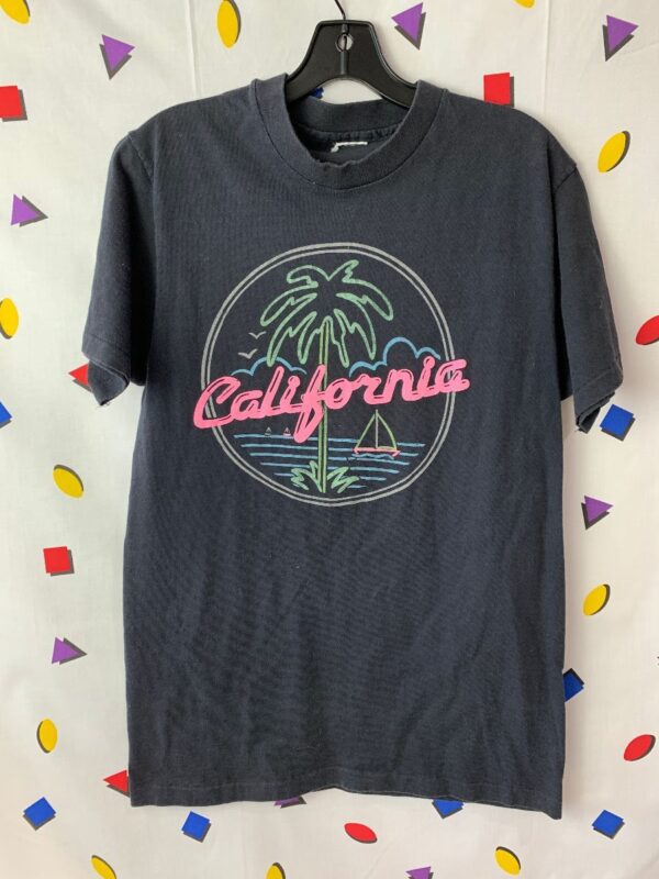 product details: SINGLE STICH CALIFORNIA PALM TREE SAIL BOAT NEON GRAPHIC TSHIRT photo