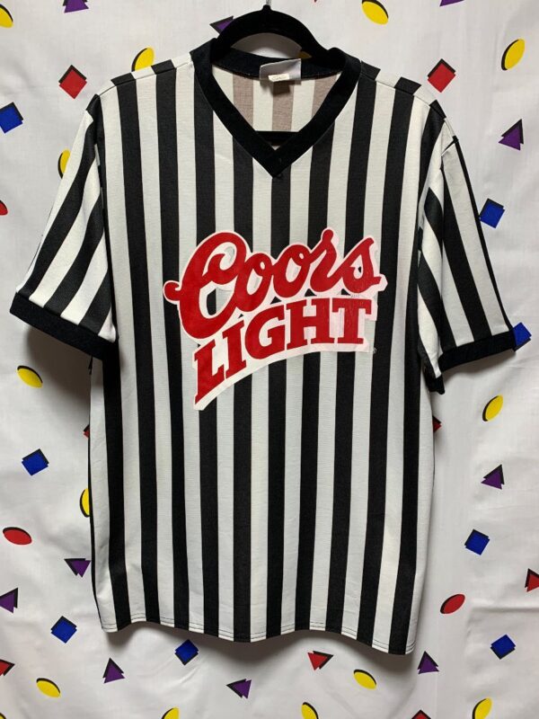 product details: AWESOME BLACK & WHITE STRIPED COORS LIGHT REFEREE JERSEY SHIRT photo