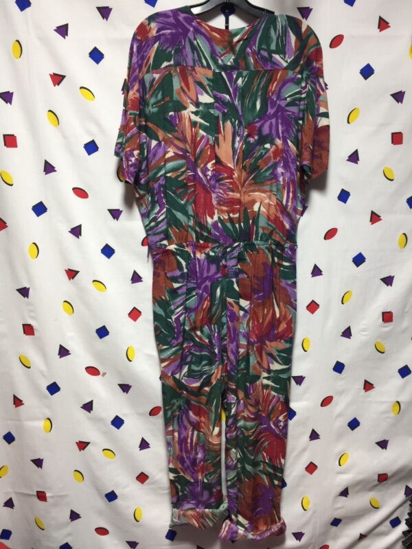 product details: LIGHT WEIGHT FLORAL PRINT SHORT SLEEVE RAYON JUMPSUIT WITH DOUBLE POCKETS photo