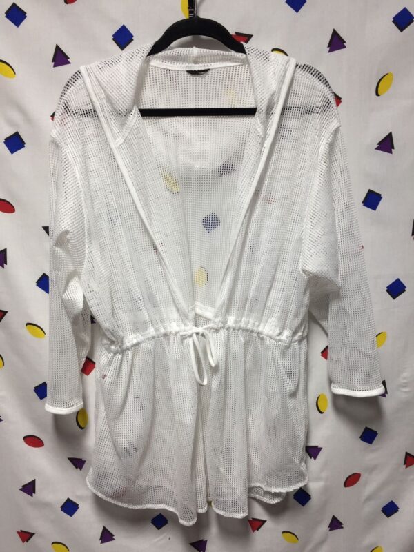 product details: 1990S SHORT HOODED MESH BEACH COVERUP WITH DRAW STRING WAIST photo