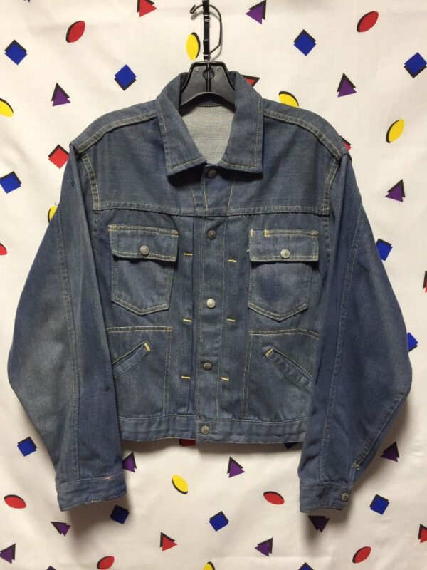 product details: 1960S-70S TYPE I STYLE DENIM JACKET DOUBLE FRONT POCKETS SNAP BUTTONS SMALL CROPPED FIT photo