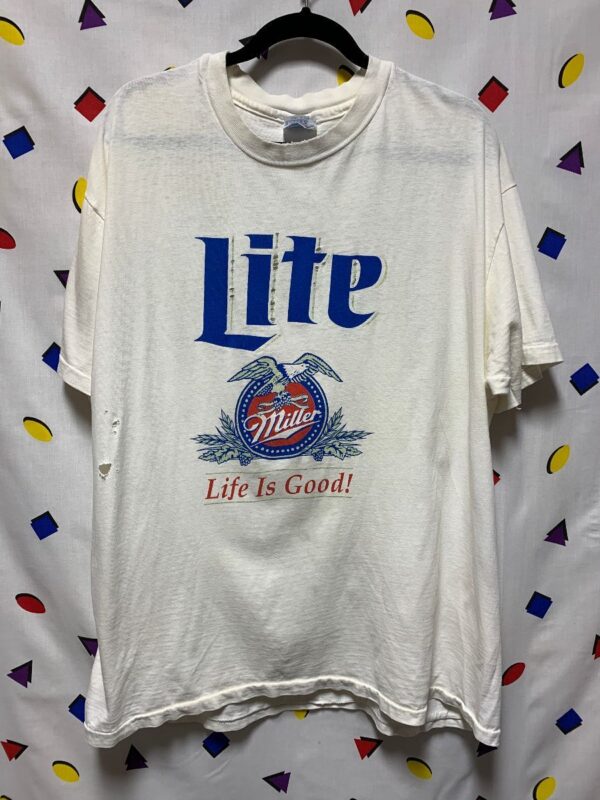 product details: RAD DISTRESSED MILLER LITE LIFE IS GOOD COTTON T-SHIRT SINGLE STITCHED photo