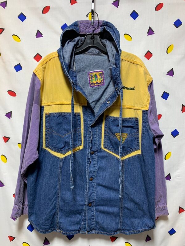 product details: DENIM PATCHWORK COLOR BLOCK BUTTON UP HOODED HEAVY SHIRT LIGHT WEIGHT JACKET AS-IS photo