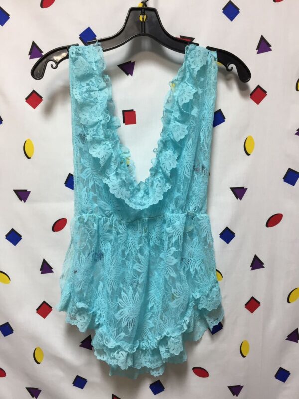 product details: SHEER LACE BLOUSE W/ CINCHED WAIST AND LACE RUFFLE LINING photo
