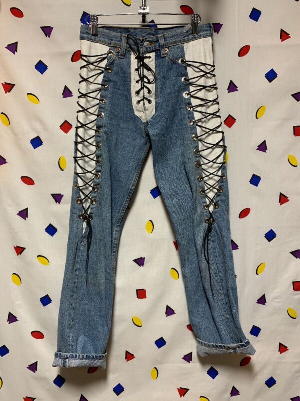 product details: CUSTOM MADE LACE UP LEATHER 501 LEVIS DENIM JEANS photo