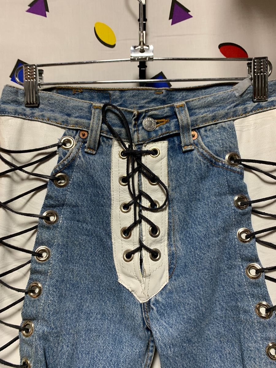 Custom Made Lace Up Leather 501 Levis Denim Jeans | Boardwalk Vintage