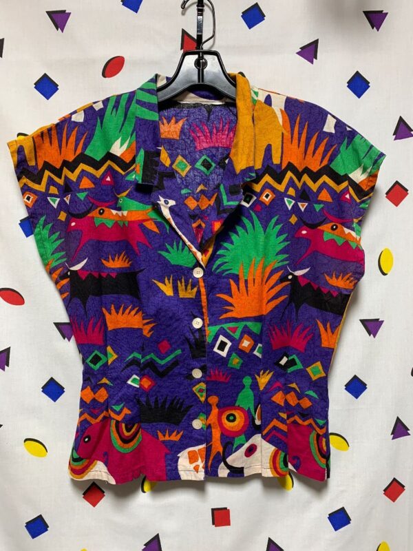 product details: 1980S FUNKY ETHNIC AFRICAN SAFARI PRINT CAP SLEEVE BLOUSE TAPERED WAIST #BRIGHT! photo