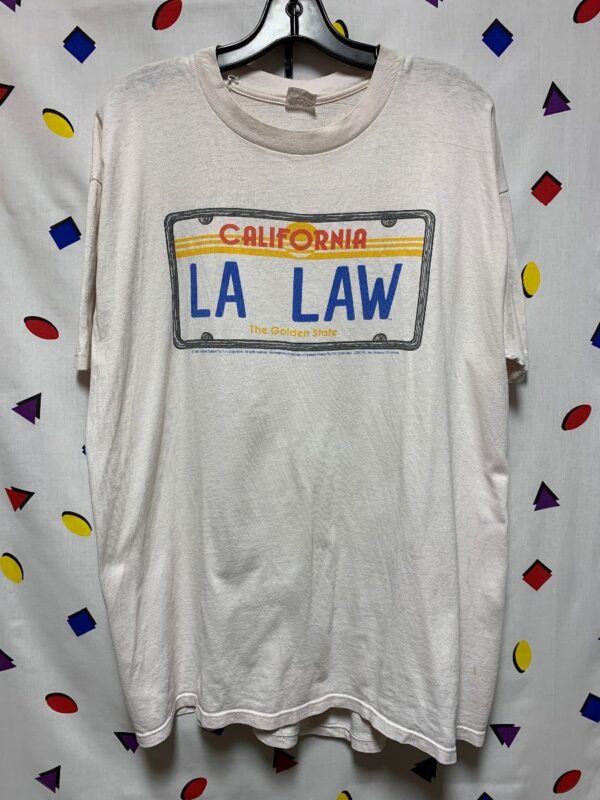 product details: *DISTRESSED RETRO LA LAW TV SHOW LICENSE PLATE GRAPHIC T-SHIRT 1986 AS-IS photo